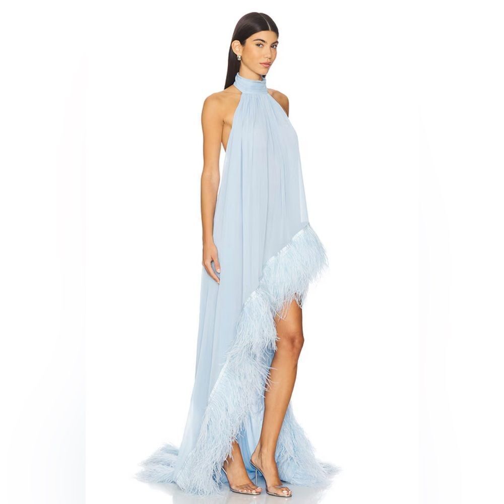 NEW BRONX AND BANCO Madeline Halterneck Gown in Powder Blue Feathered Gown - Picture 13 of 15
